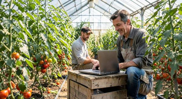 Producteur bio gérant ses commandes en ligne depuis un ordinateur portable sous serre de tomates