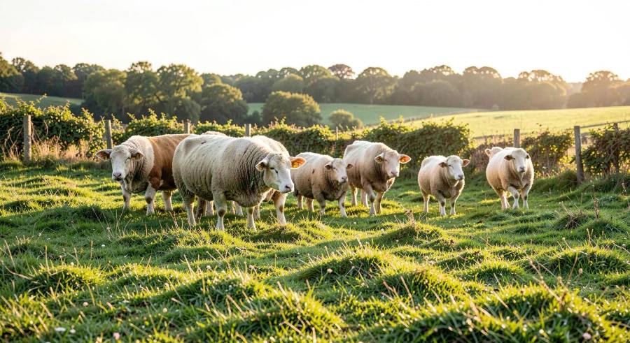 Troupeau de brebis et bovins en pâturage bio bordé de haies au lever du soleil
