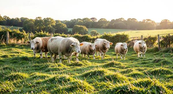 Troupeau de brebis et bovins en pâturage bio bordé de haies au lever du soleil
