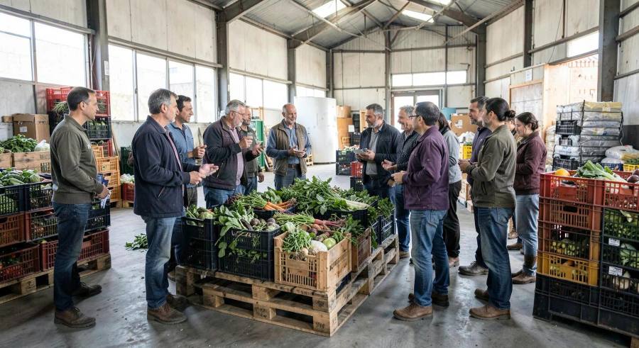 Groupement de producteurs bio réuni autour de palettes de légumes dans un entrepôt coopératif