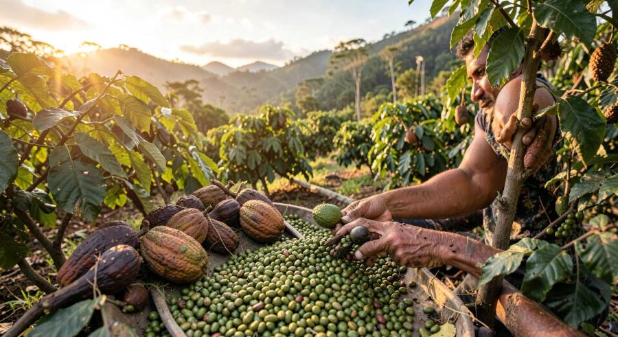 Producteur latino-américain triant des grains de café vert et des cabosses de cacao bio