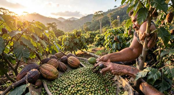 Producteur latino-américain triant des grains de café vert et des cabosses de cacao bio