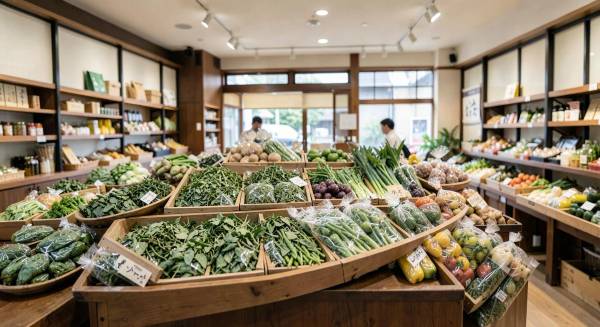 Étalage de légumes et thés bio premium dans une épicerie spécialisée japonaise