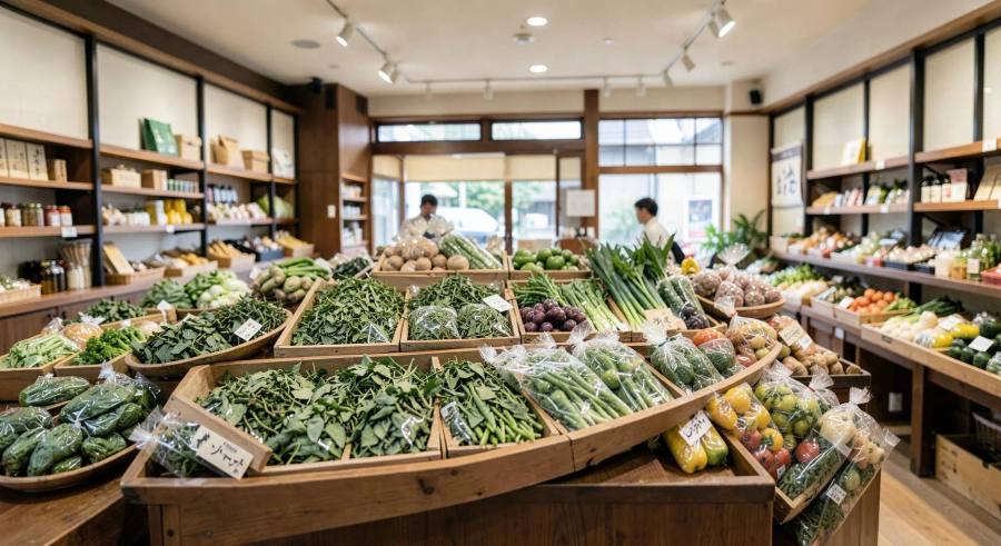 Étalage de légumes et thés bio premium dans une épicerie spécialisée japonaise