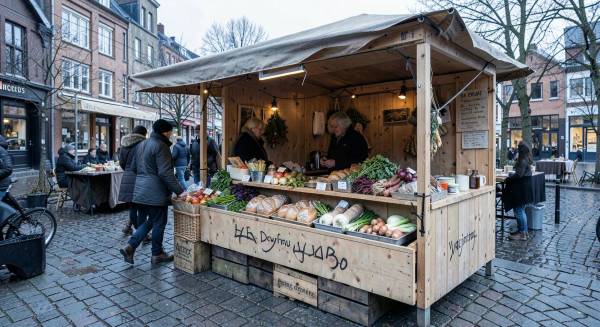 Étal de marché bio scandinave avec légumes racines, pains de seigle et produits laitiers