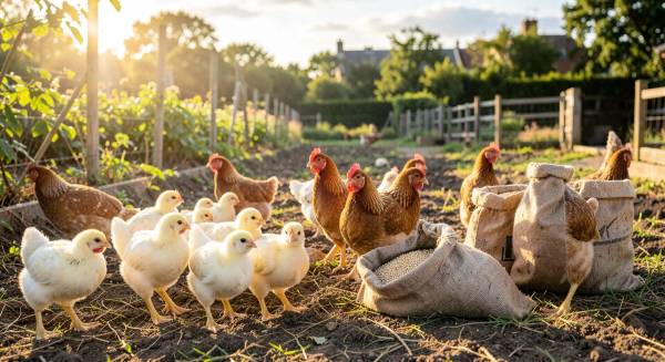 Poussins et poules élevés en plein air bio avec sacs d'aliments certifiés dans une ferme française