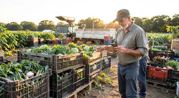 Maraîcher bio consultant une commande sur son téléphone devant des caisses de légumes prêtes à expédier