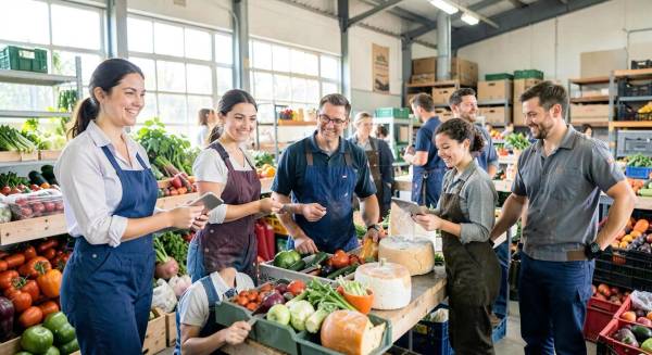 Équipe de professionnels de la filière bio au travail dans un atelier de conditionnement de fruits et légumes