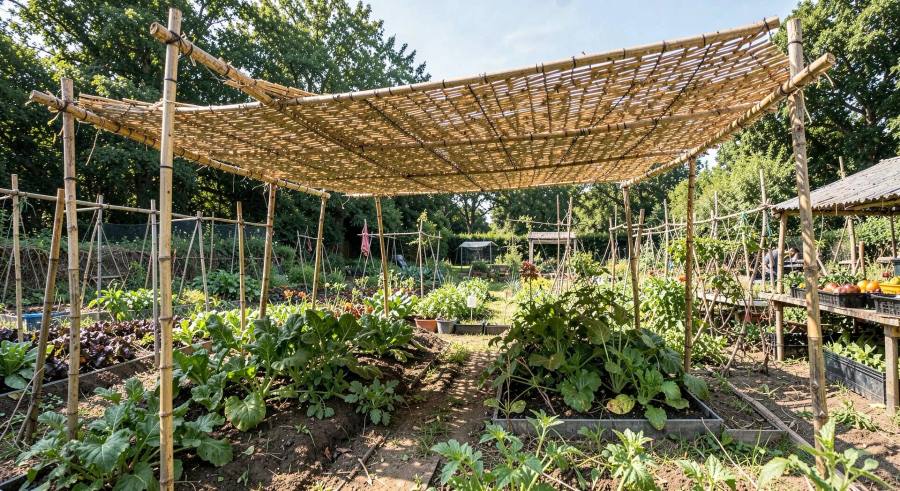 Ombrière en bambou tressé installée au-dessus de planches de légumes bio en plein été