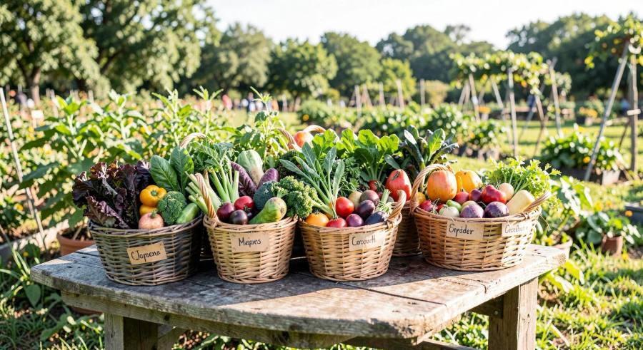 Paniers de légumes bio préparés et étiquetés pour des commandes clients sur une table de ferme