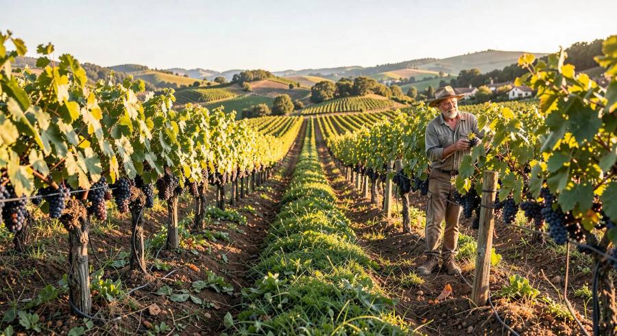 Vigneron bio inspectant ses grappes dans un vignoble enherbé en fin d'été