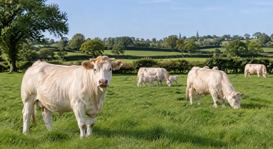 Troupeau de vaches charolaises au pâturage dans un bocage vendéen