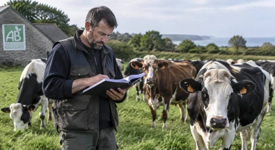 Éleveur bio consultant son carnet d'élevage devant son troupeau bovin en Bretagne