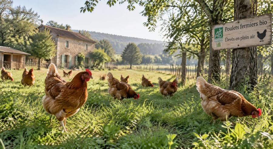 Poulets fermiers bio en plein air sur un parcours herbeux devant une ferme en pierre