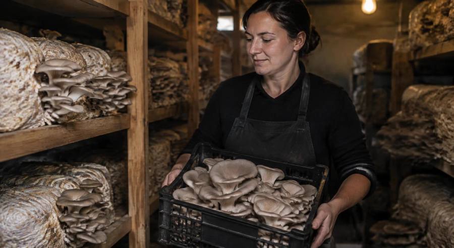 Productrice de champignons bio tenant une caisse de pleurotes frais devant des blocs de substrat en champignonnière