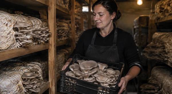 Productrice de champignons bio tenant une caisse de pleurotes frais devant des blocs de substrat en champignonnière