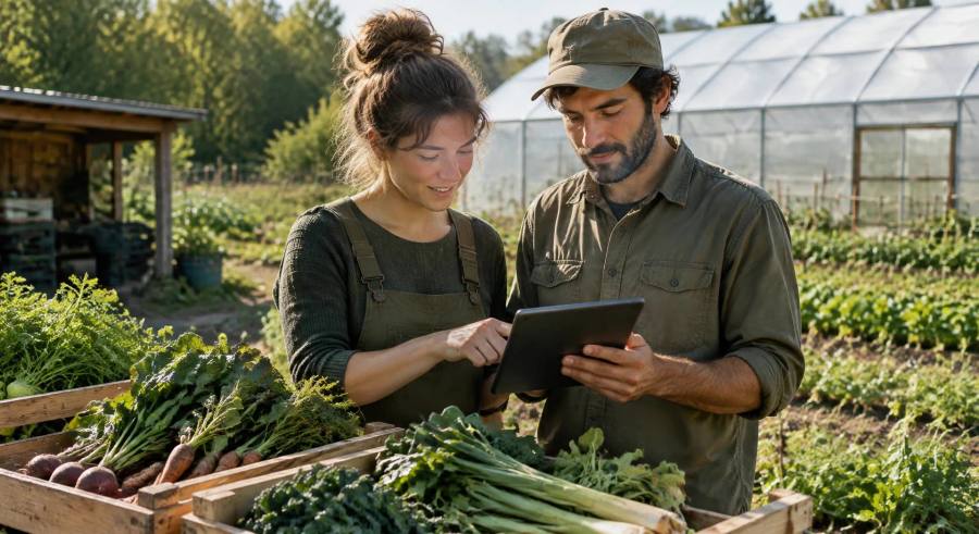 Deux jeunes entrepreneurs bio consultant une tablette devant des cagettes de légumes et une serre maraîchère