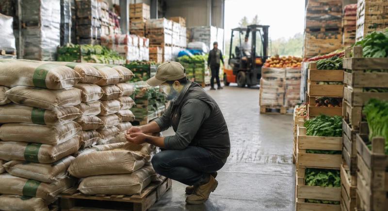 Acheteur professionnel contrôlant des sacs de céréales bio et des palettes de légumes certifiés dans un entrepôt