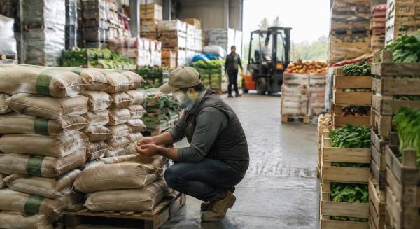 Acheteur professionnel contrôlant des sacs de céréales bio et des palettes de légumes certifiés dans un entrepôt