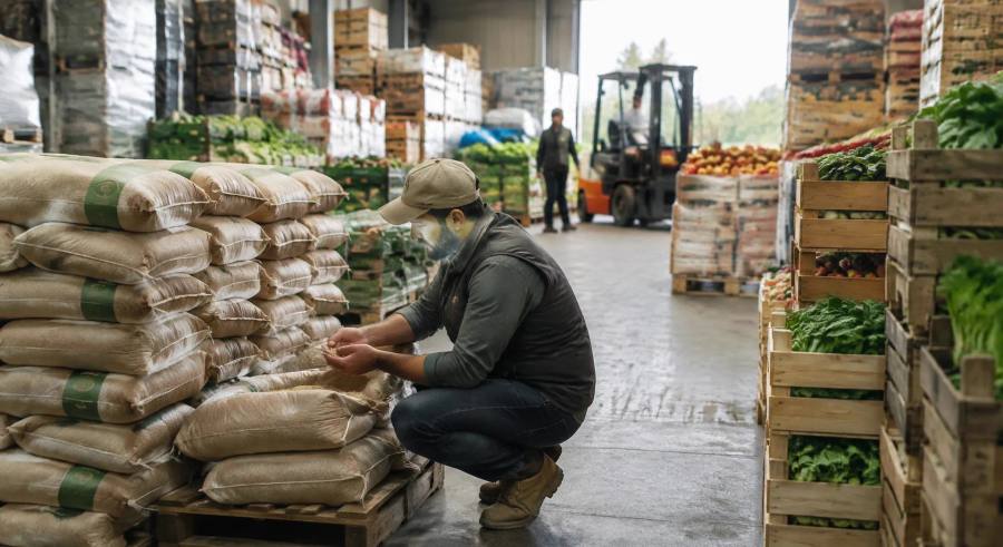Acheteur professionnel contrôlant des sacs de céréales bio et des palettes de légumes certifiés dans un entrepôt
