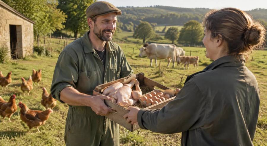 Éleveur bio remettant une cagette d'œufs et de volaille fermière à une cliente, poules en plein air et vaches au pré