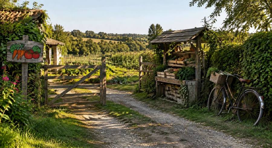 Entrée d'une petite ferme bio avec étal de légumes en bois, panneau peint et champs cultivés en arrière-plan