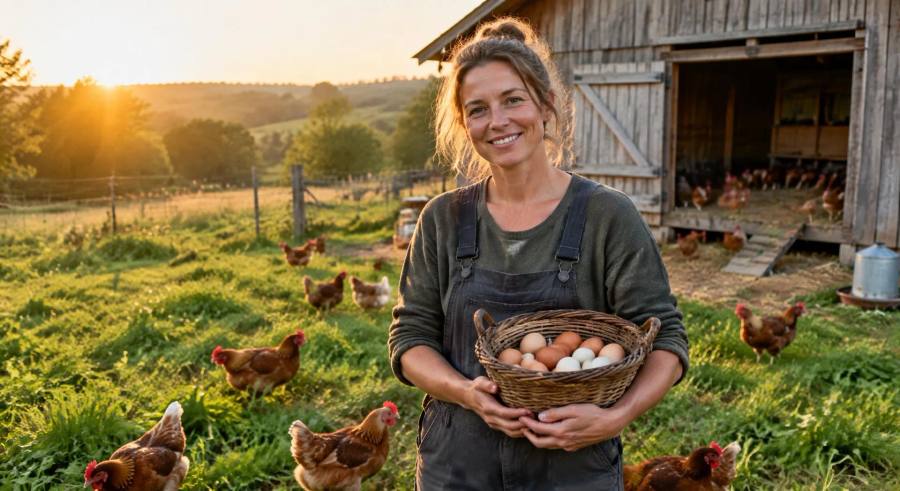 Éleveuse tenant un panier d'œufs devant ses poules en plein air au coucher du soleil