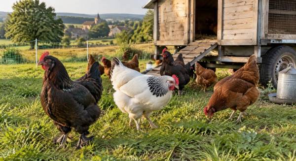 Poules Marans, Sussex et rousses sur l'herbe devant un poulailler mobile