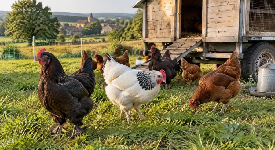 Poules Marans, Sussex et rousses sur l'herbe devant un poulailler mobile