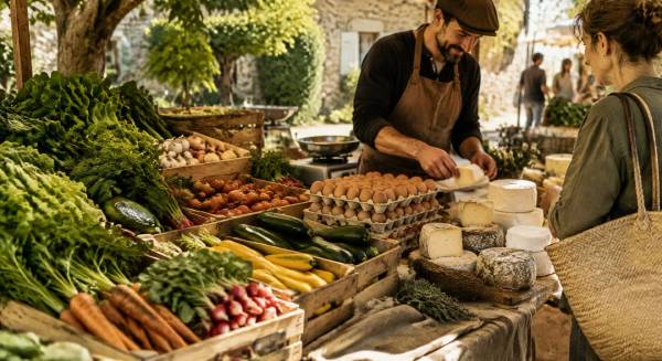 Étal de marché bio en France avec légumes, œufs et fromages fermiers