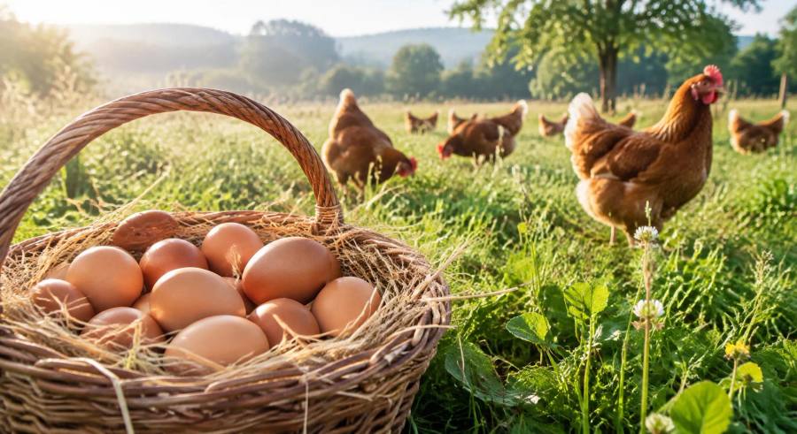 Panier d'œufs bio frais devant des poules pondeuses en plein air dans une prairie