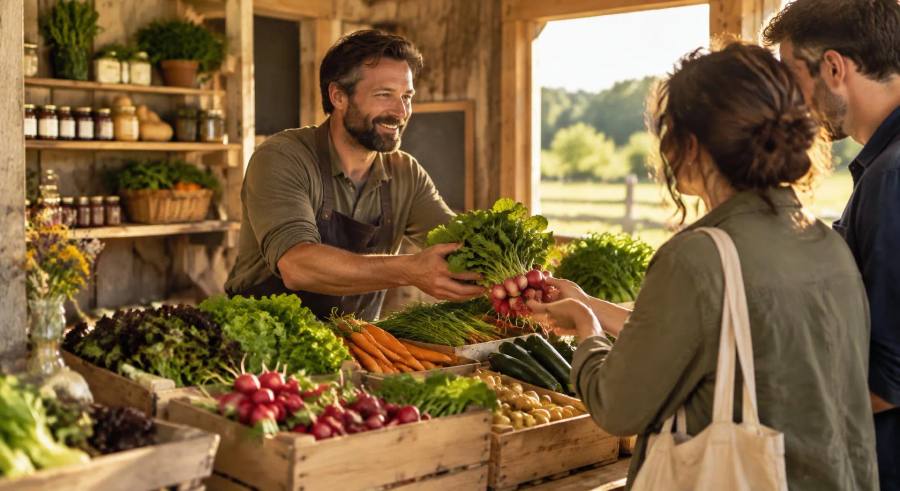 Agriculteur bio vendant ses légumes directement à des clients dans sa boutique à la ferme